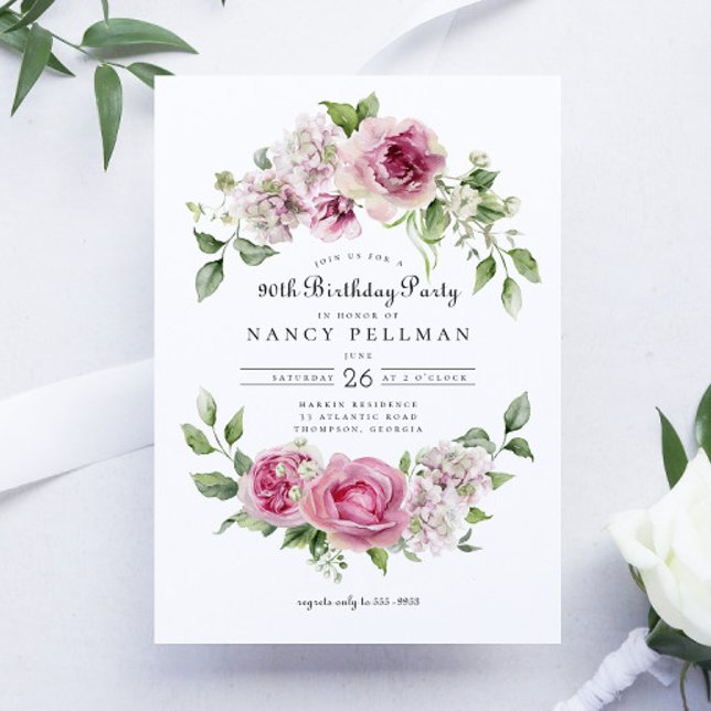 Pink Rose Greenery Floral Arch 90th Birthday Party Invitation (Creator Uploaded)