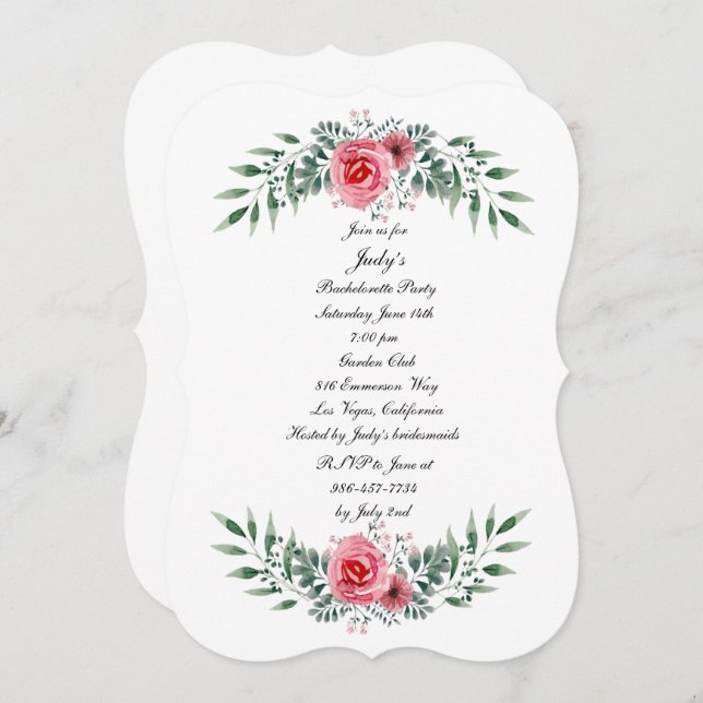 Pink Rose Greenery Foliage Bachelorette Party Invitation (Front/Back)