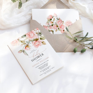 Pink Rose & Greenery Leaves Baby Shower Invitation