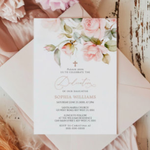 Pink Rose & Greenery Leaves Dedication Invitation
