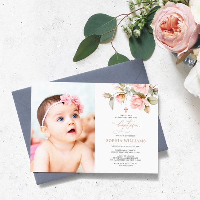 Pink Rose & Greenery  Photo Baptism Invitation (Creator Uploaded)