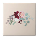 Pink Rose Greenery Watercolor Floral Tile<br><div class="desc">Featuring  eucalyptus foliage,  pink rose,  burgundy bloom and foliage on beige background,  easily customise the background and rearrange the elements by using our "Design Tool" nested under the "Personalise" button</div>