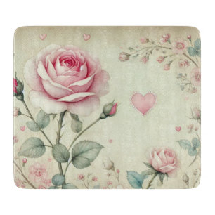 Pink rose heart floral vintage pastel watercolor  cutting board