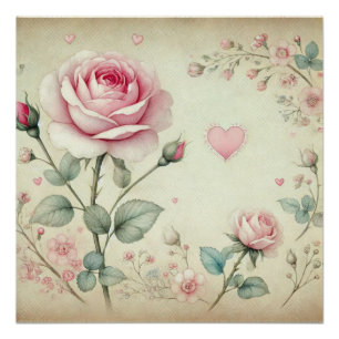 Pink rose heart floral vintage pastel watercolor poster