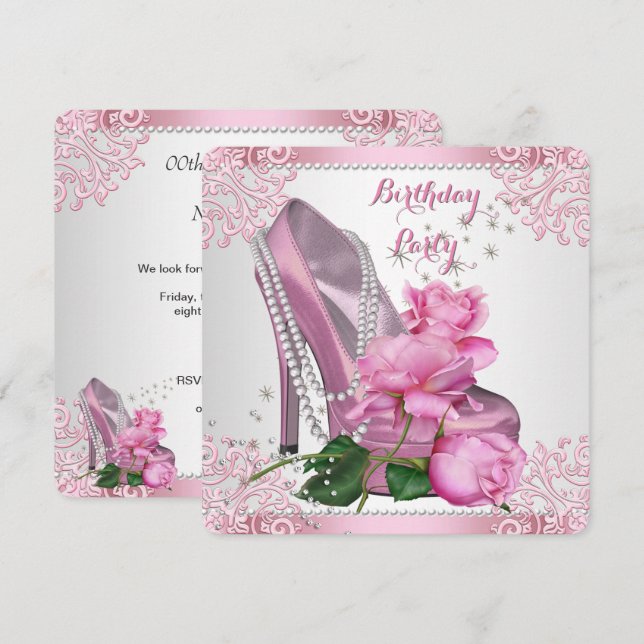 Pink Rose High Heel Lace Pearls Birthday Party Invitation (Front/Back)