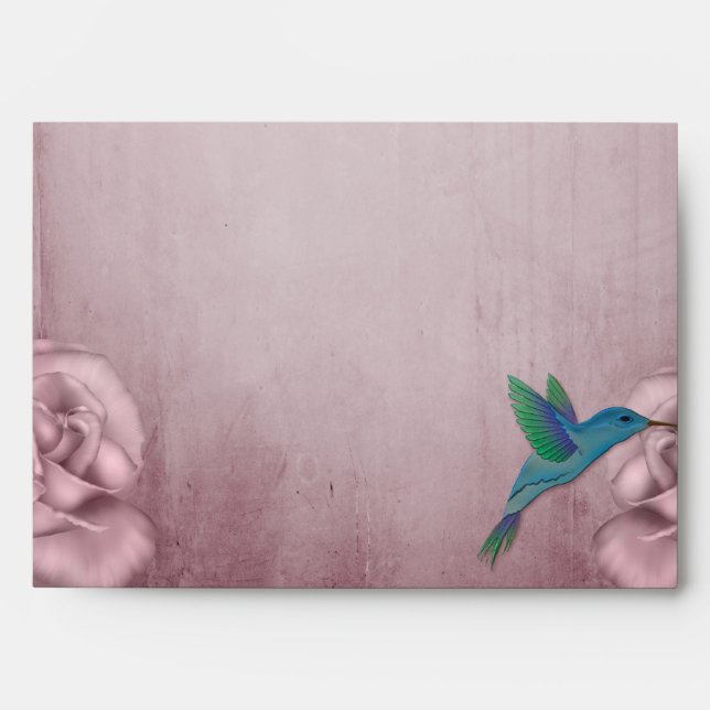 Pink Rose Hummingbird Wedding Envelope (Front)