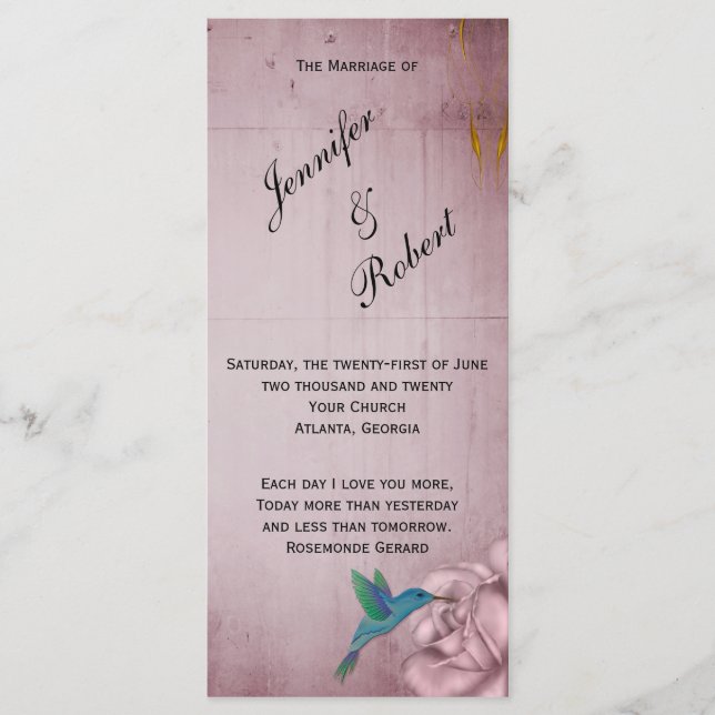 Pink Rose Hummingbird Wedding Program Programme (Front)