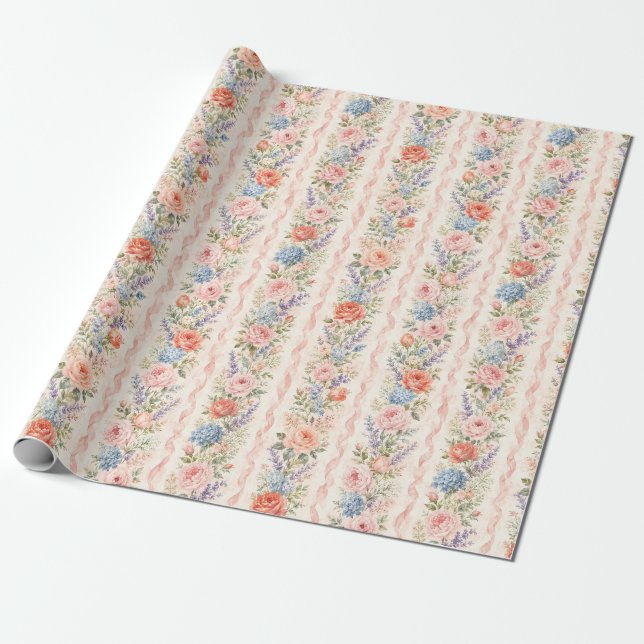 Pink Rose Hydrangea Floral Stripe Gift Wrapping Paper (Unrolled)