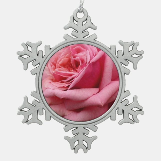 Pink Rose I Pretty Floral Photography Snowflake Pewter Christmas Ornament (Front)
