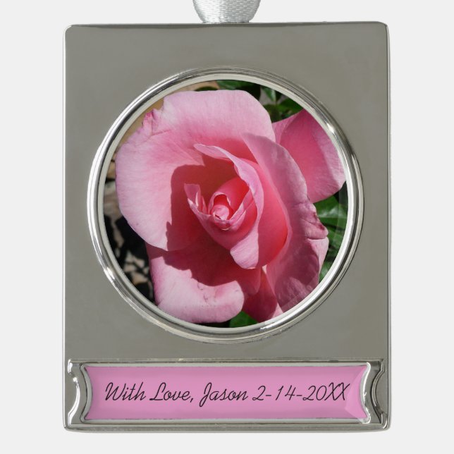 Pink Rose III Garden Floral Silver Plated Banner Ornament (Front)