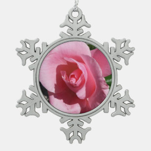 Pink Rose III Garden Floral Snowflake Pewter Christmas Ornament