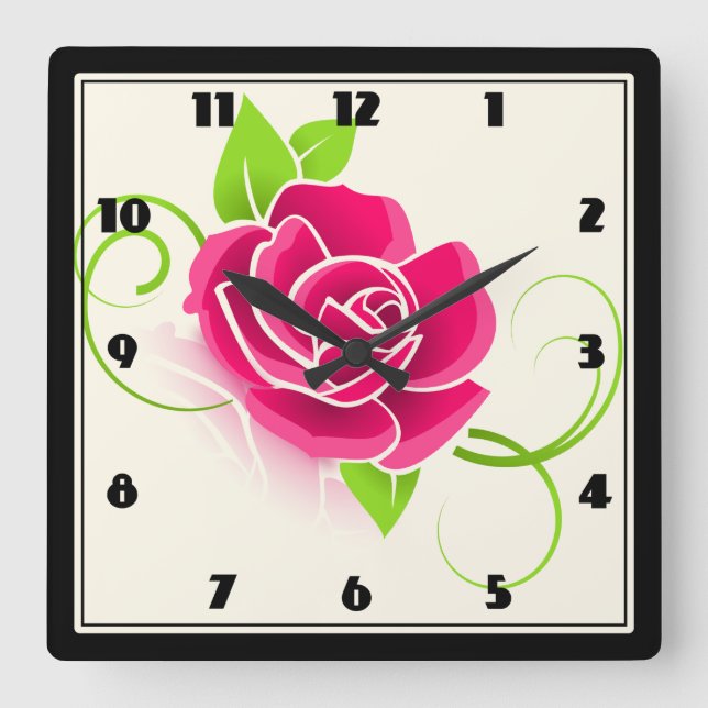 Pink Rose Illustration Square Wall Clock (Front)