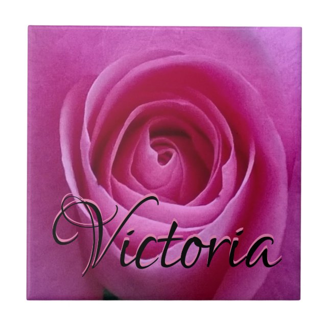 Pink Rose in Bloom with Your Name Ceramic Tile (Front)
