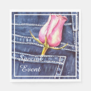 Pink Rose in Denim Pocket Party Napkin