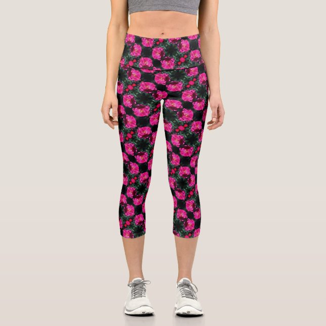 Pink Rose In Full Bloom Pattern   Capri Leggings (Front)