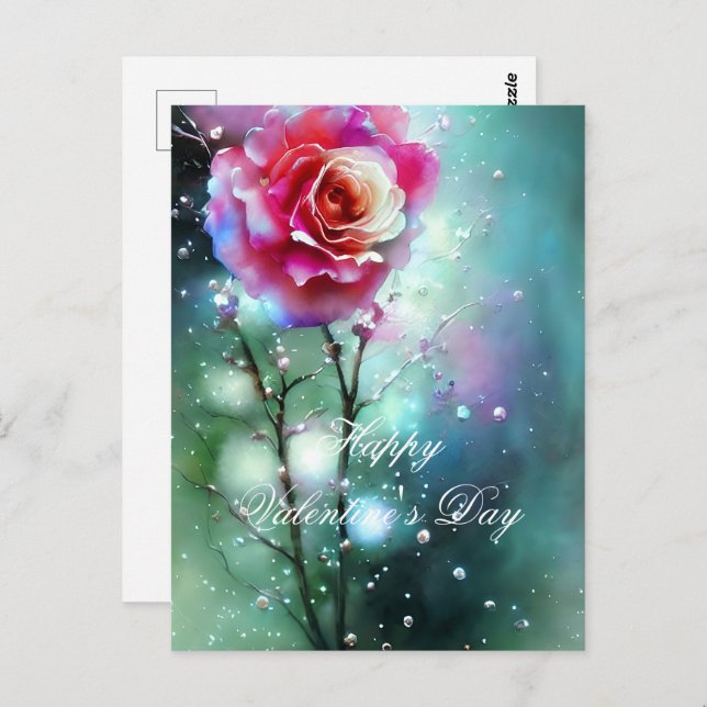 Pink rose in rain valentine postcard (Front/Back)