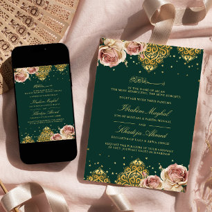 Pink Rose Islamic Motif Emerald Muslim Wedding Invitation