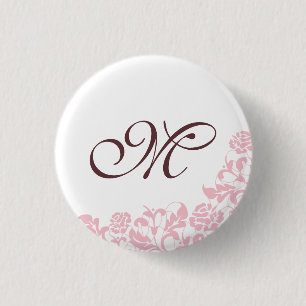 Pink Rose Lace Initial Script Monogram 3 Cm Round Badge