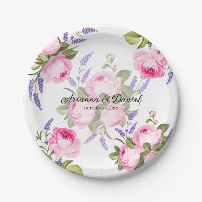 Pink Rose & Lavender Wedding Paper Plates (Front)