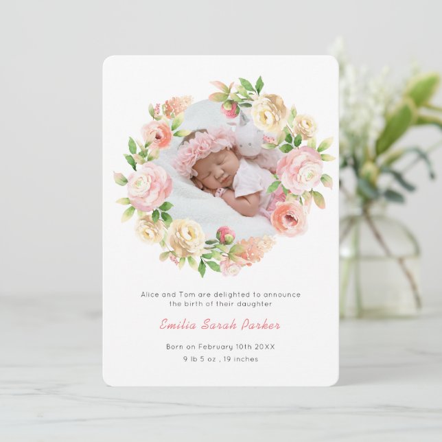 Pink Rose Lavender Wreath | Elegant Floral Birth Announcement (Standing Front)