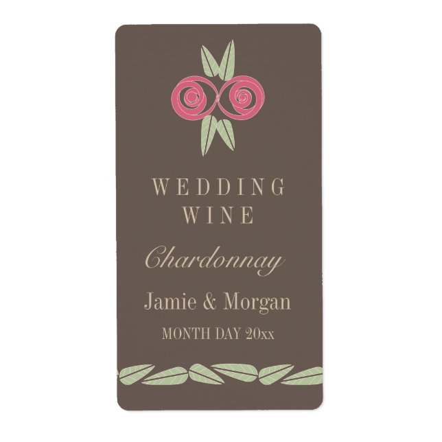 Pink Rose Leaves Brown Retro Wedding Wine Label (Front)