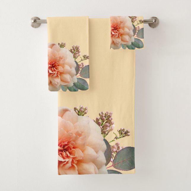 Pink Rose Lilac Buds On Peach Background Bath Towel Set (Insitu)