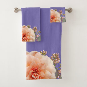 Pink Rose Lilac Buds On Periwinkle Background Bath Towel Set