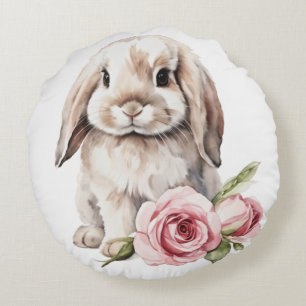 Pink rose Lop Eared Bunny Rabbit Round Cushion