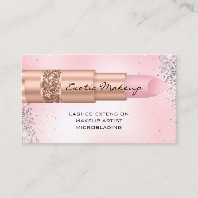 Pink Rose Makeup Glitter Lipstick Logo QR Code Business Card (Front)