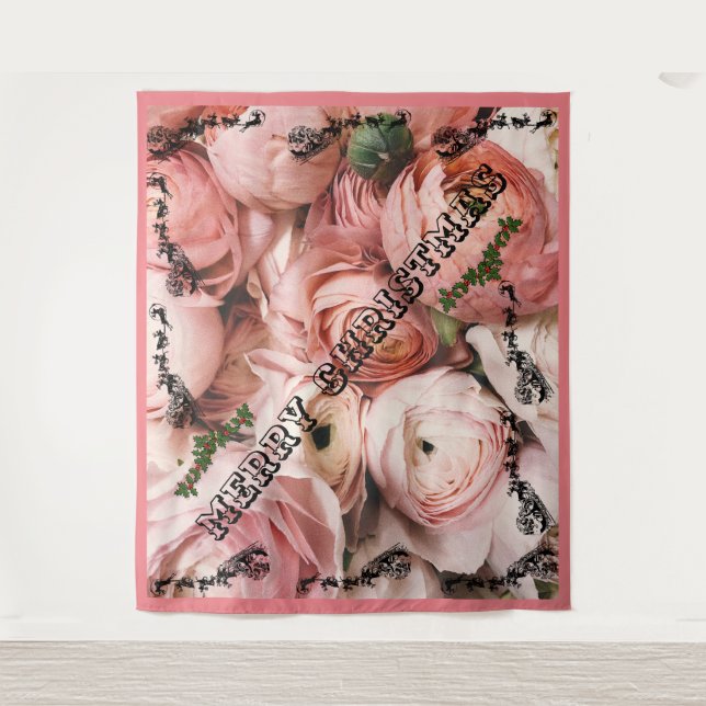 Pink Rose Merry Christmas  Tapestry (Front)