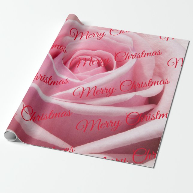 Pink Rose Merry Christmas Wrapping Paper (Unrolled)
