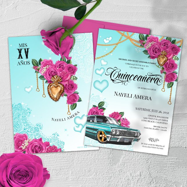Pink Rose Milagro Heart Chola Lowrider Quinceanera Invitation (Creator Uploaded)