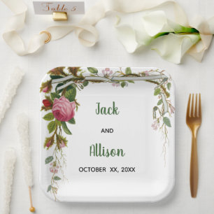 Pink Rose Minimalist Floral Green Leaf Paper Plate