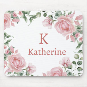 Pink Rose Monogram Name Mouse Pad