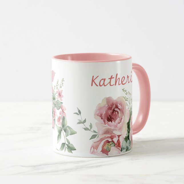 Pink Rose Monogram Name Womens Mug (Front Right)
