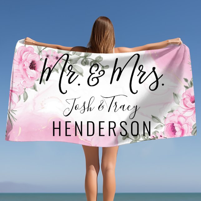 Pink Rose Mr. & Mrs. Wedding or Anniversary Gift Beach Towel (Pink Rose Mr. & Mrs. Wedding or Anniversary Gift Beach Towel)