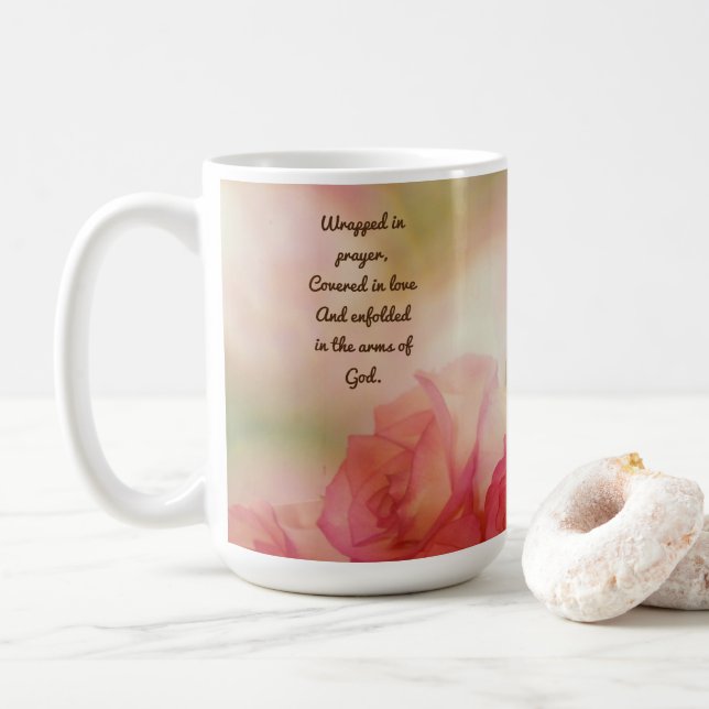 Pink Rose Mug: Wrapped in Prayer & Love Coffee Mug (With Donut)