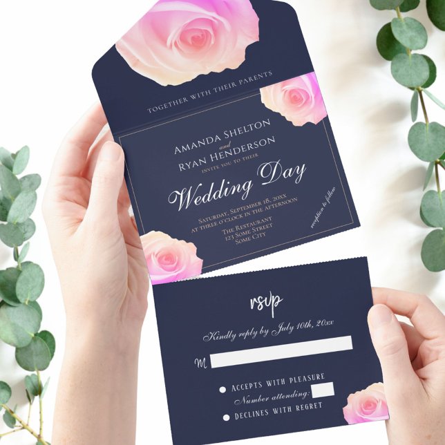 Pink Rose Navy Blue Floral Wedding  All In One Invitation (Creator Uploaded)