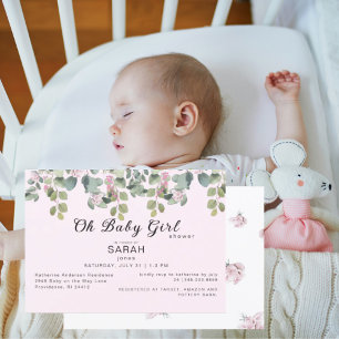  Pink Rose Oh  Baby Girl Horizontal Shower Invitation