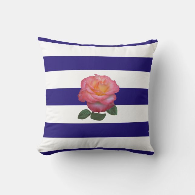 Pink Rose on Navy Blue and White Striped Throw Pil Cushion (Front)