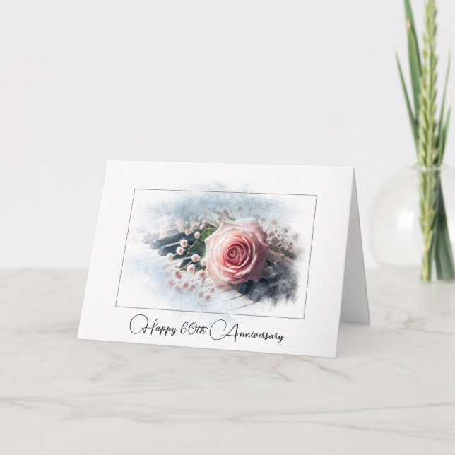 Pink Rose On Piano For 60th Anniversary Card (Front)