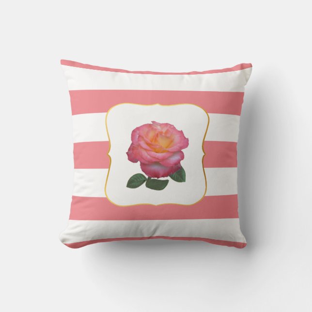 Pink Rose on Pink and White Striped Cushion (Front)