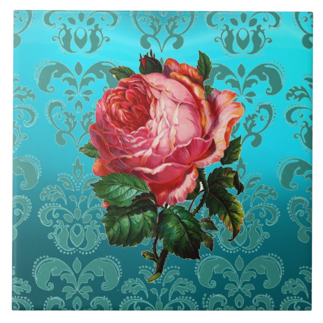 PINK ROSE ON TEAL BLUE DAMASK Floral Ceramic Tile (Front)