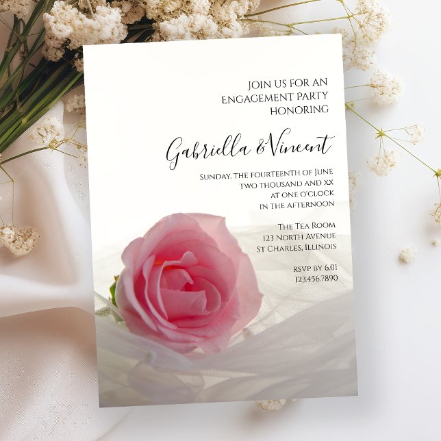 Pink Rose on White Engagement Party Invitation (Creator Uploaded)
