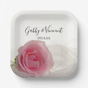 Pink Rose on White Wedding Paper Plate