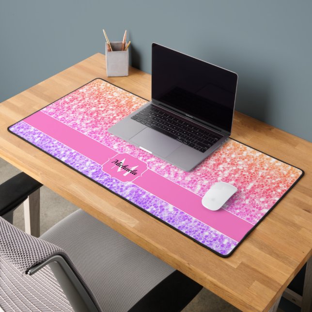 Pink rose orange glitter sparkles Monogram Desk Mat (Office 2)