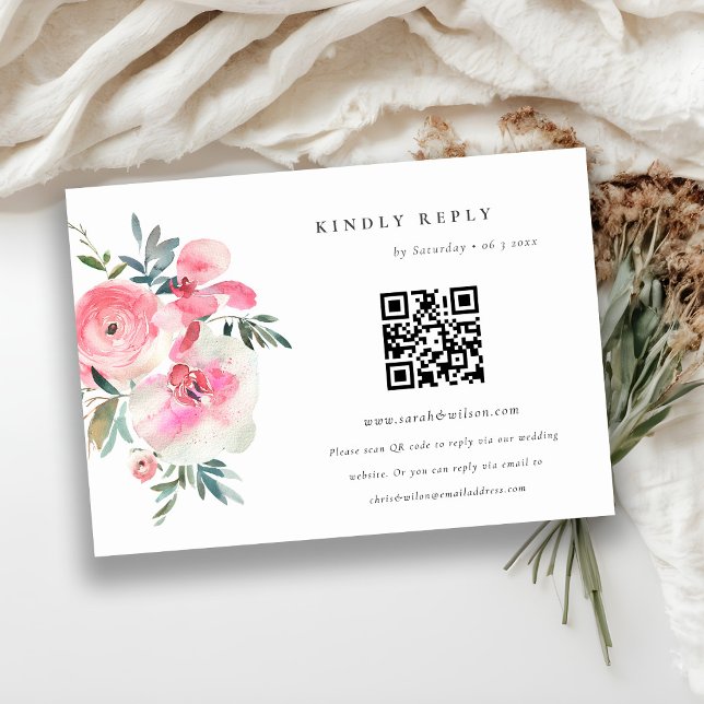 Pink Rose Orchid Floral Wedding QR Code RSVP Enclosure Card (Creator Uploaded)