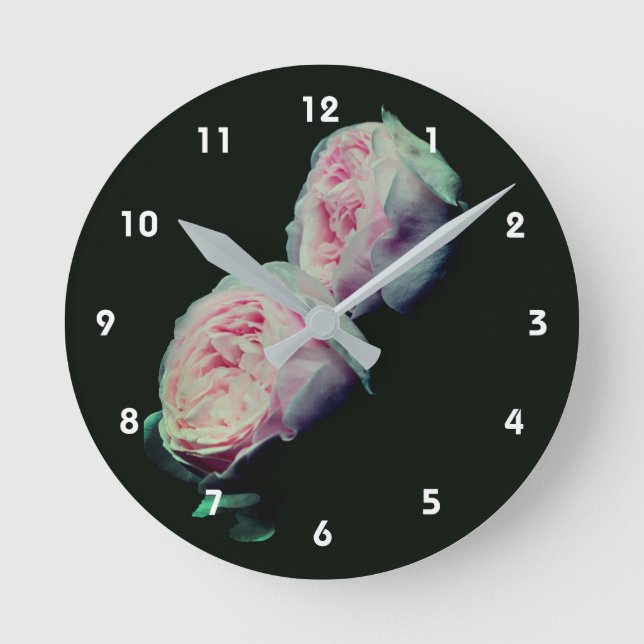 Pink Rose Pair Floral Round Clock (Front)