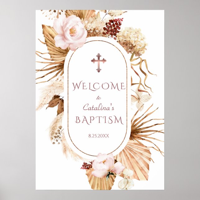 Pink Rose Pampas Grass Palm Baptism Welcome Sign (Front)