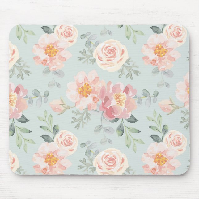 Pink Rose Pastel Garden Pattern Mouse Pad (Front)